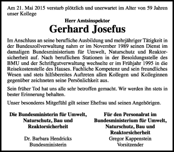 Anzeige von Gerhard Josefus von General-Anzeiger Bonn