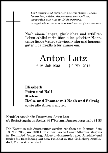 Anzeige von Anton Latz von General-Anzeiger Bonn