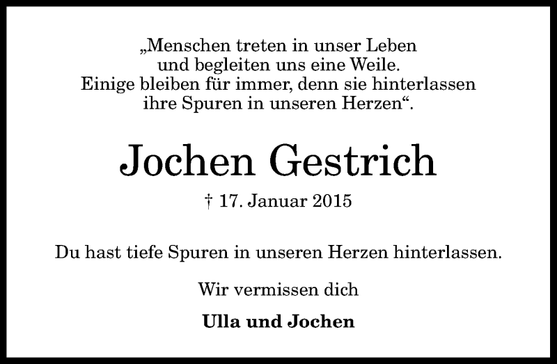  Traueranzeige für Jochen Gestrich vom 24.01.2015 aus General-Anzeiger Bonn