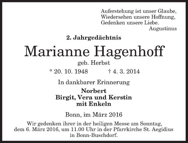  Traueranzeige für Marianne Hagenhoff vom 02.03.2016 aus General-Anzeiger Bonn