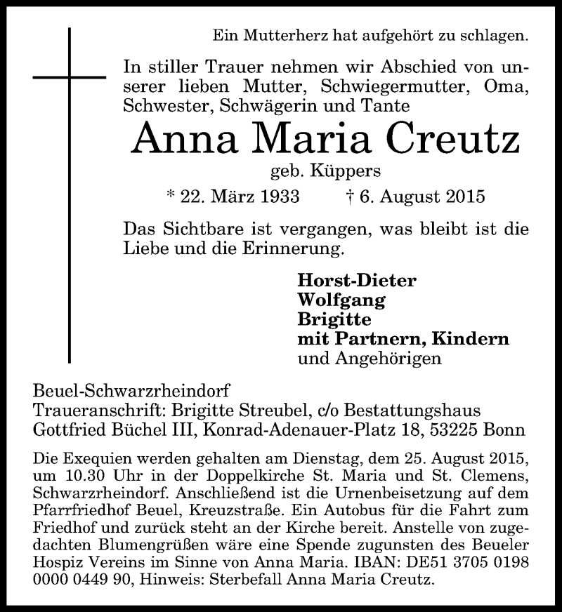  Traueranzeige für Anna Maria Creutz vom 19.08.2015 aus General-Anzeiger Bonn