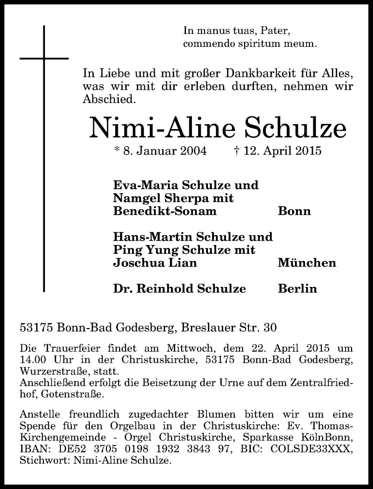  Traueranzeige für Nimi-Aline Schulze vom 18.04.2015 aus General-Anzeiger Bonn