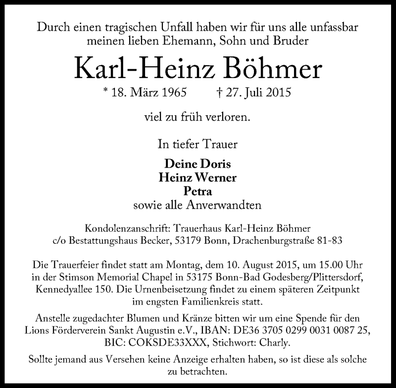  Traueranzeige für Karl-Heinz Böhmer vom 01.08.2015 aus General-Anzeiger Bonn