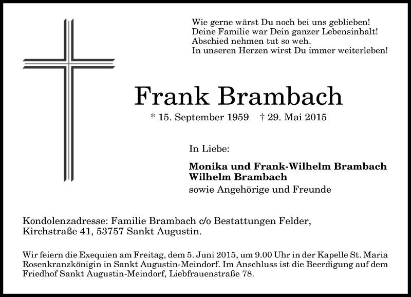  Traueranzeige für Frank Brambach vom 02.06.2015 aus General-Anzeiger Bonn