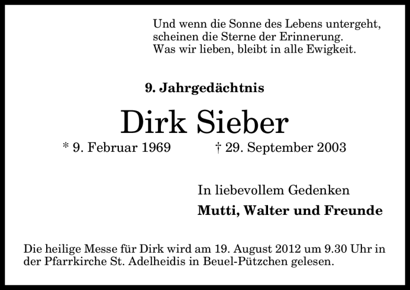  Traueranzeige für Dirk Sieber vom 11.08.2012 aus General-Anzeiger Bonn