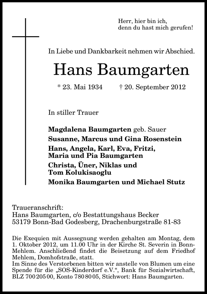  Traueranzeige für Hans Baumgarten vom 26.09.2012 aus General-Anzeiger Bonn
