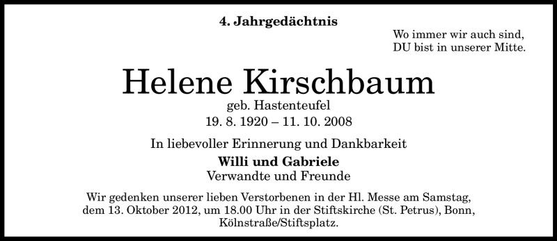  Traueranzeige für Helene Kirschbaum vom 06.10.2012 aus General-Anzeiger Bonn