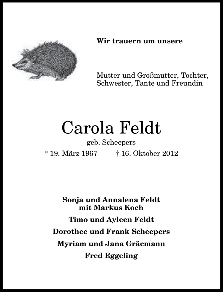  Traueranzeige für Carola Feldt vom 20.10.2012 aus General-Anzeiger Bonn