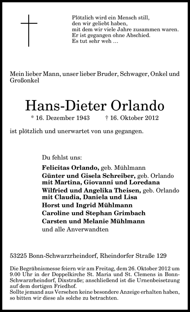  Traueranzeige für Hans-Dieter Orlando vom 20.10.2012 aus General-Anzeiger Bonn