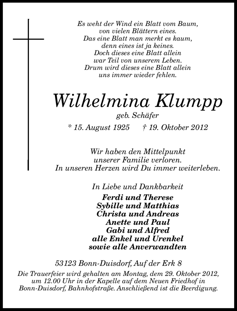  Traueranzeige für Wilhelmina Klumpp vom 24.10.2012 aus General-Anzeiger Bonn