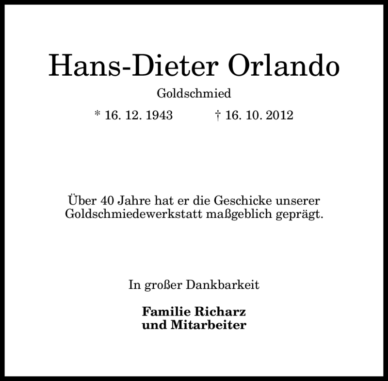  Traueranzeige für Hans-Dieter Orlando vom 24.10.2012 aus General-Anzeiger Bonn