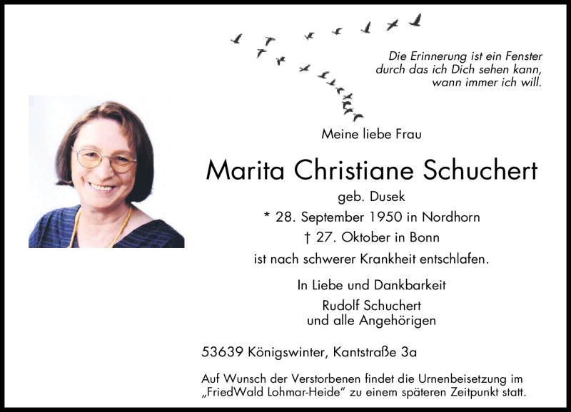  Traueranzeige für Marita Christiane Schuchert vom 03.11.2012 aus General-Anzeiger Bonn