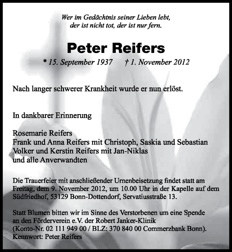  Traueranzeige für Peter Reifers vom 07.11.2012 aus General-Anzeiger Bonn