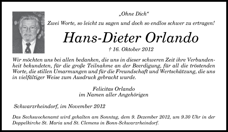  Traueranzeige für Hans-Dieter Orlando vom 10.11.2012 aus General-Anzeiger Bonn