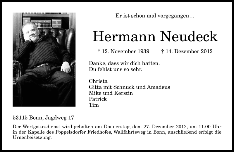  Traueranzeige für Hermann Neudeck vom 22.12.2012 aus General-Anzeiger Bonn