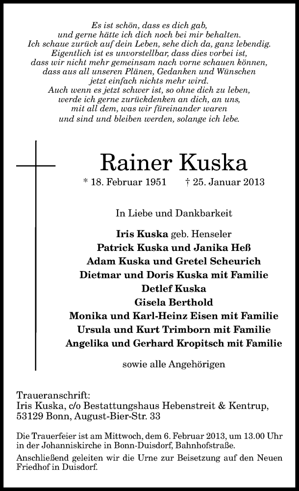  Traueranzeige für Rainer Kuska vom 02.02.2013 aus General-Anzeiger Bonn