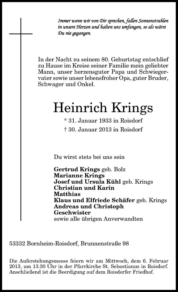  Traueranzeige für Heinrich Krings vom 02.02.2013 aus General-Anzeiger Bonn