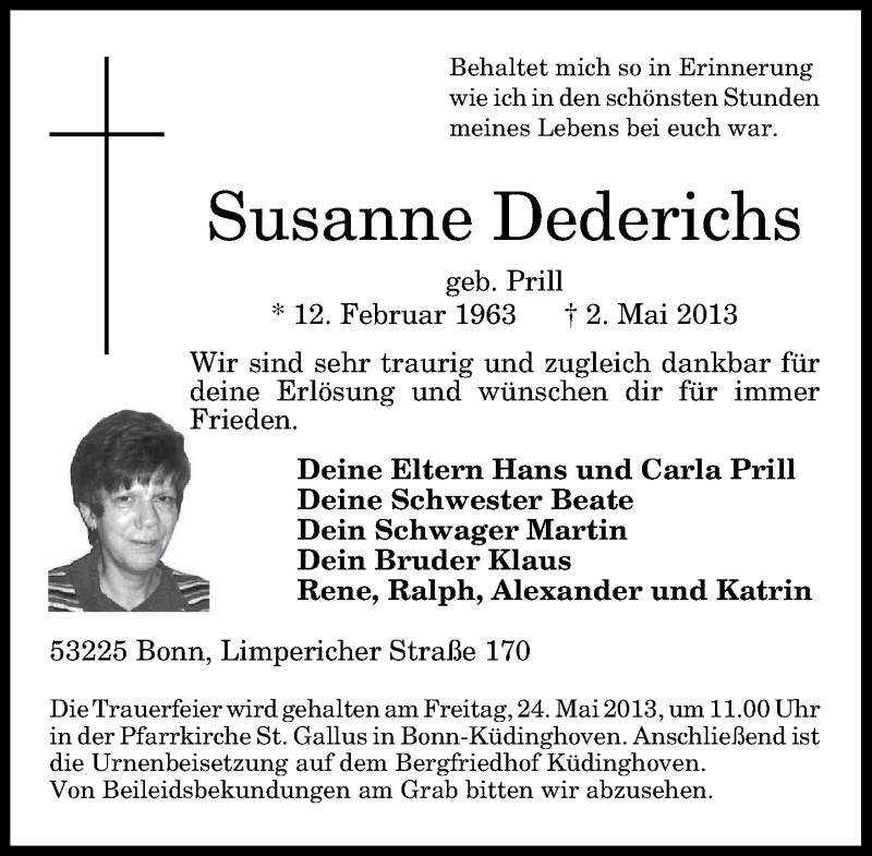 Traueranzeige für Susanne Dederichs vom 11.05.2013 aus General-Anzeiger Bonn