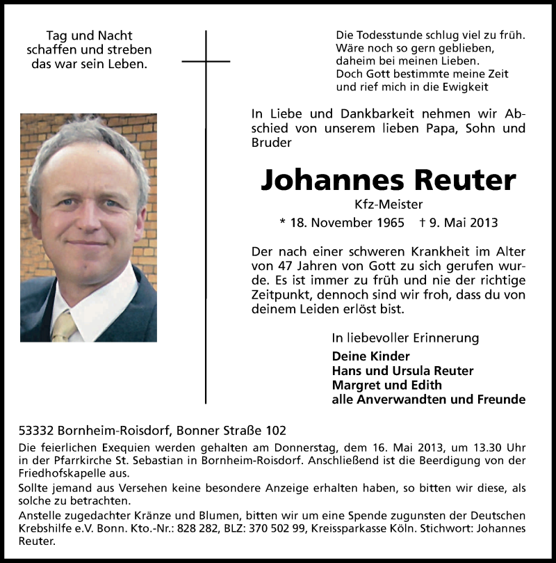  Traueranzeige für Johannes Reuter vom 11.05.2013 aus General-Anzeiger Bonn