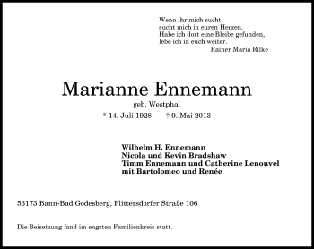 Anzeige von Marianne Ennemann von General-Anzeiger Bonn