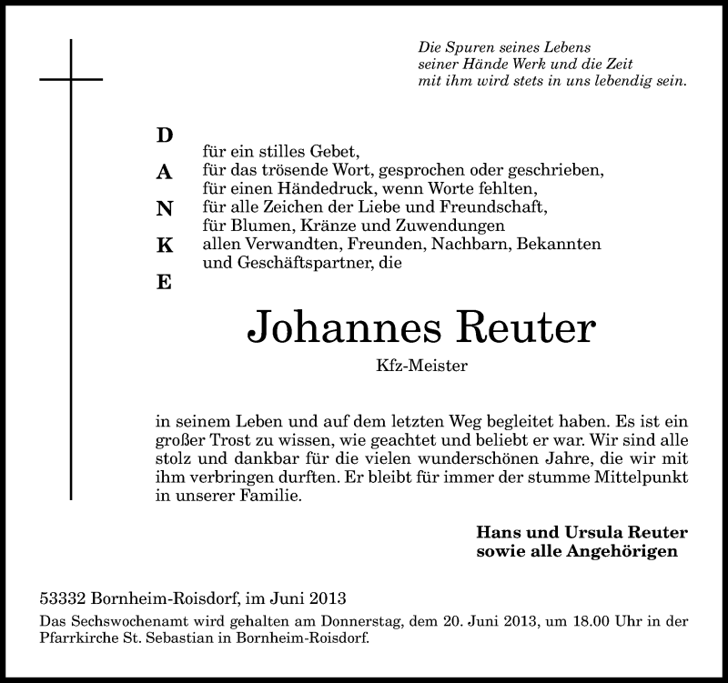  Traueranzeige für Johannes Reuter vom 15.06.2013 aus General-Anzeiger Bonn