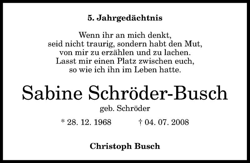  Traueranzeige für Sabine Schröder-Busch vom 06.07.2013 aus General-Anzeiger Bonn