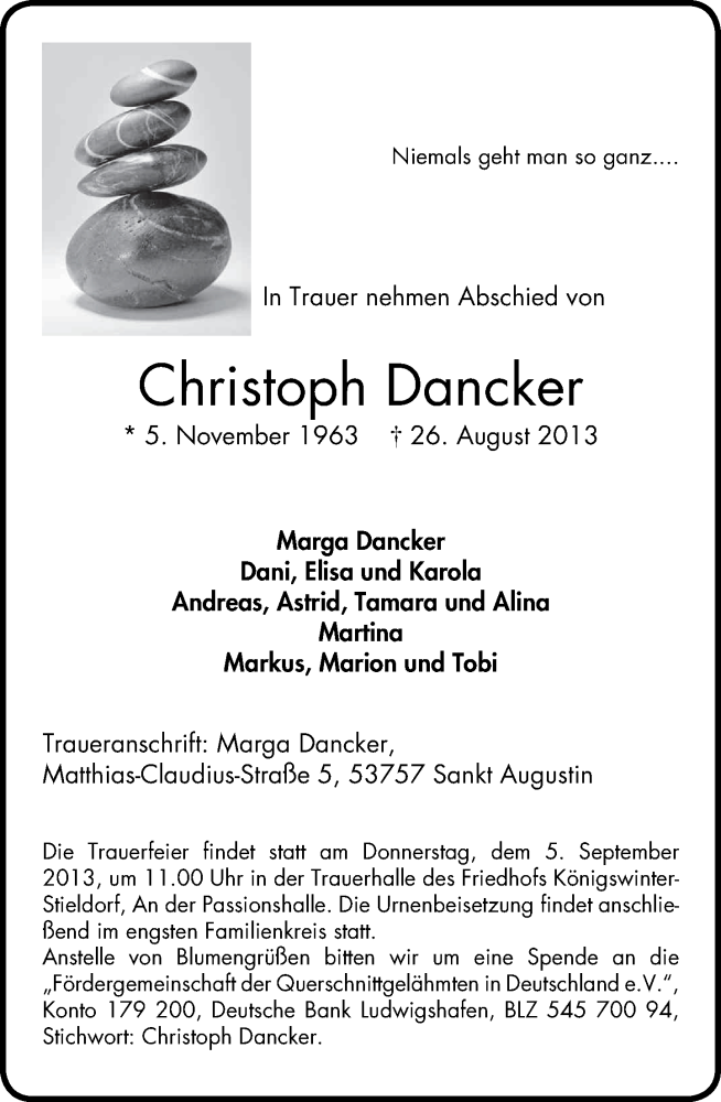  Traueranzeige für Christoph Dancker vom 03.09.2013 aus General-Anzeiger Bonn