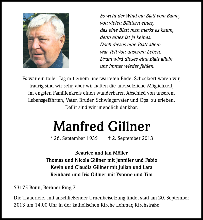  Traueranzeige für Manfred Gillner vom 17.09.2013 aus General-Anzeiger Bonn