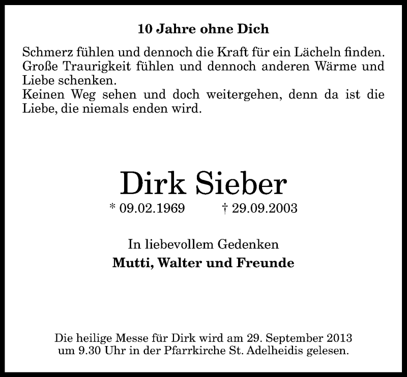  Traueranzeige für Dirk Sieber vom 21.09.2013 aus General-Anzeiger Bonn