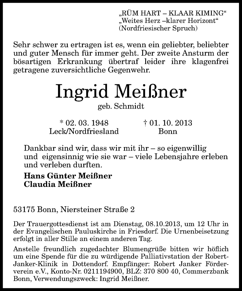  Traueranzeige für Ingrid Meißner vom 05.10.2013 aus General-Anzeiger Bonn