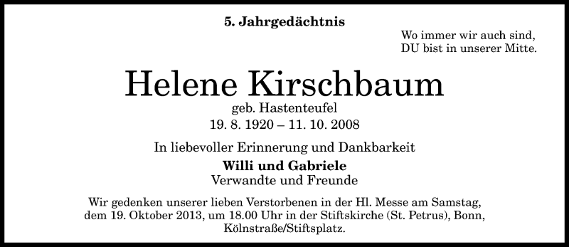  Traueranzeige für Helene Kirschbaum vom 12.10.2013 aus General-Anzeiger Bonn