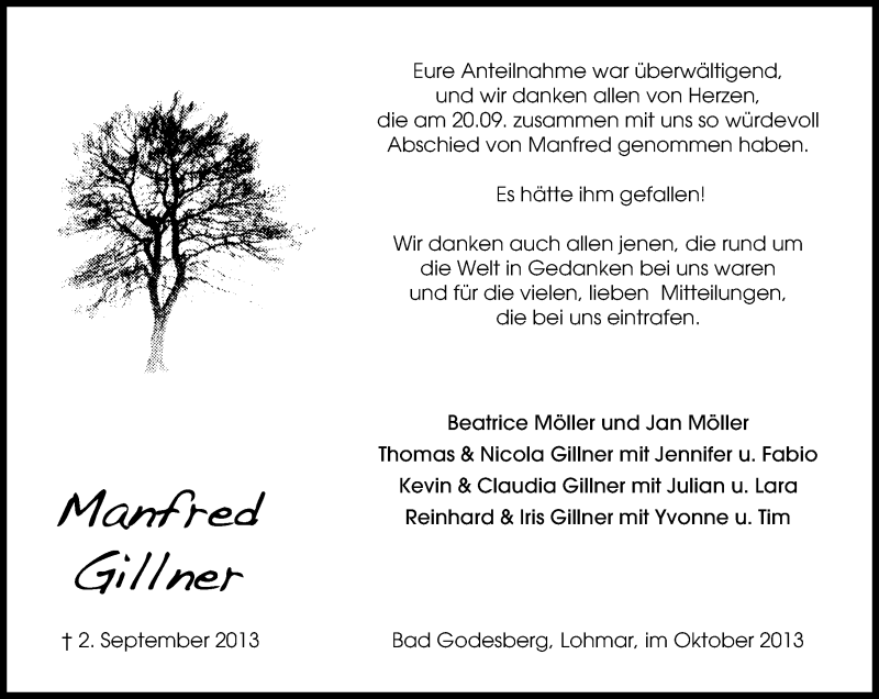  Traueranzeige für Manfred Gillner vom 19.10.2013 aus General-Anzeiger Bonn