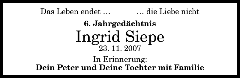  Traueranzeige für Ingrid Siepe vom 23.11.2013 aus General-Anzeiger Bonn