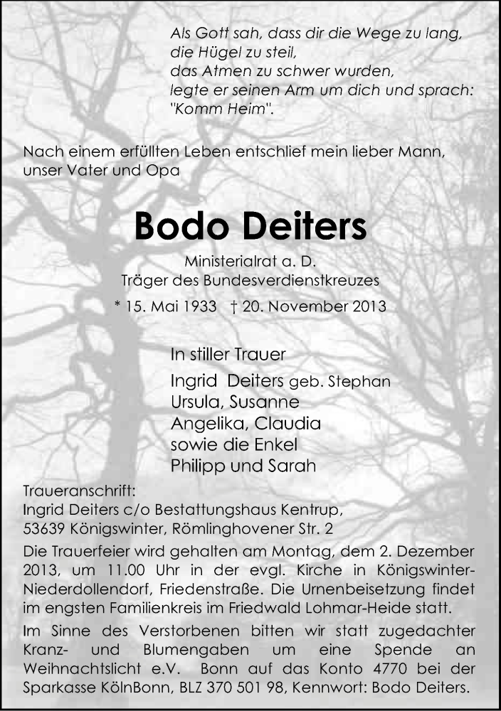  Traueranzeige für Bodo Deiters vom 27.11.2013 aus General-Anzeiger Bonn