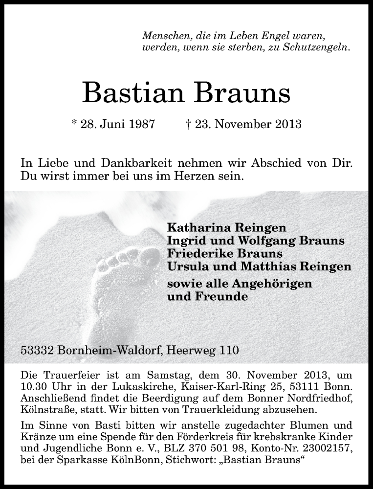  Traueranzeige für Bastian Brauns vom 27.11.2013 aus General-Anzeiger Bonn