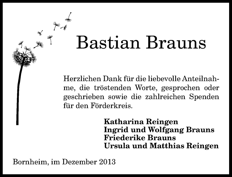  Traueranzeige für Bastian Brauns vom 28.12.2013 aus General-Anzeiger Bonn