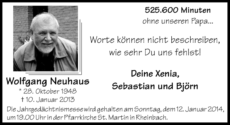  Traueranzeige für Wolfgang Neuhaus vom 11.01.2014 aus General-Anzeiger Bonn