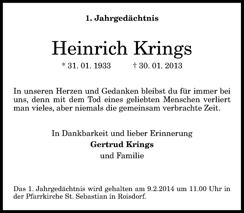  Traueranzeige für Heinrich Krings vom 01.02.2014 aus General-Anzeiger Bonn