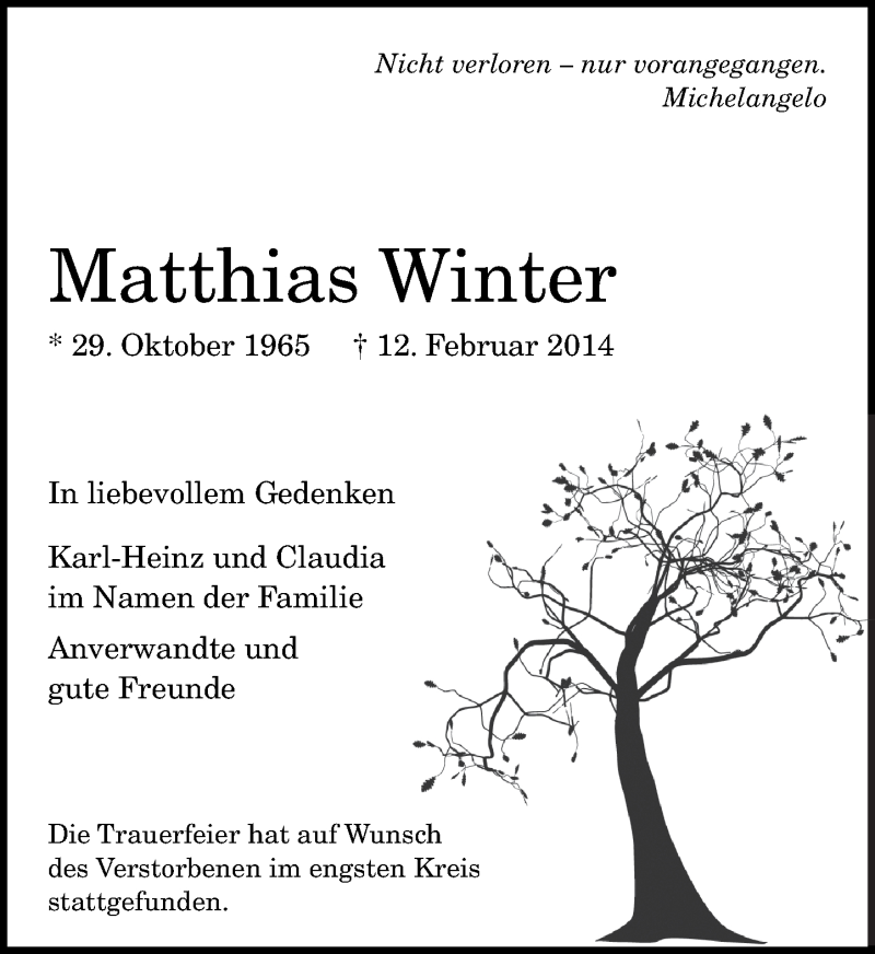  Traueranzeige für Matthias Winter vom 22.02.2014 aus General-Anzeiger Bonn