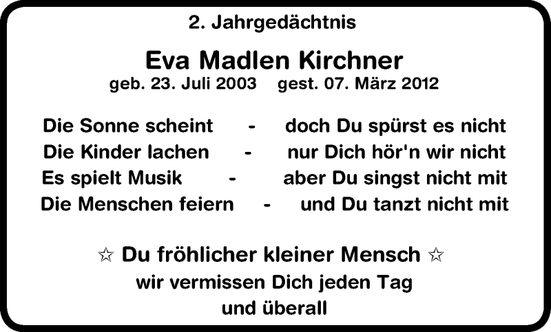  Traueranzeige für Eva Madlen Kirchner vom 07.03.2014 aus General-Anzeiger Bonn