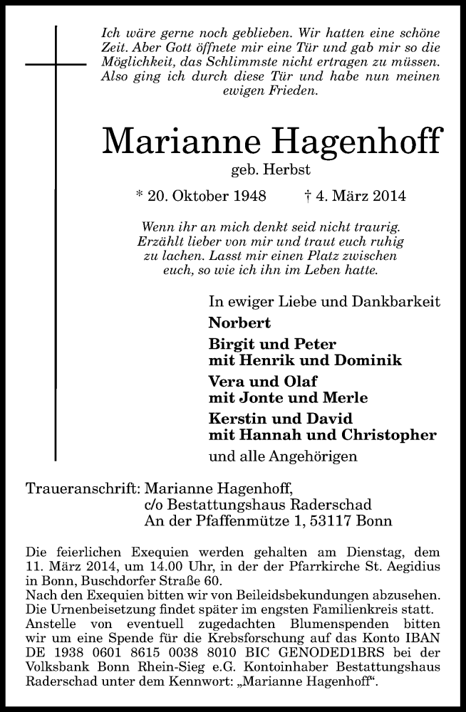  Traueranzeige für Marianne Hagenhoff vom 08.03.2014 aus General-Anzeiger Bonn