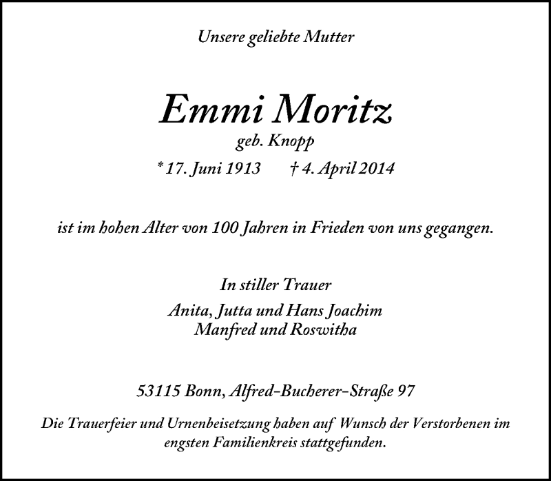  Traueranzeige für Emmi Moritz vom 12.04.2014 aus General-Anzeiger Bonn