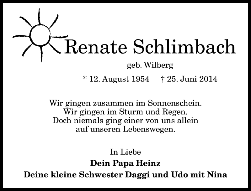  Traueranzeige für Renate Schlimbach vom 28.06.2014 aus General-Anzeiger Bonn