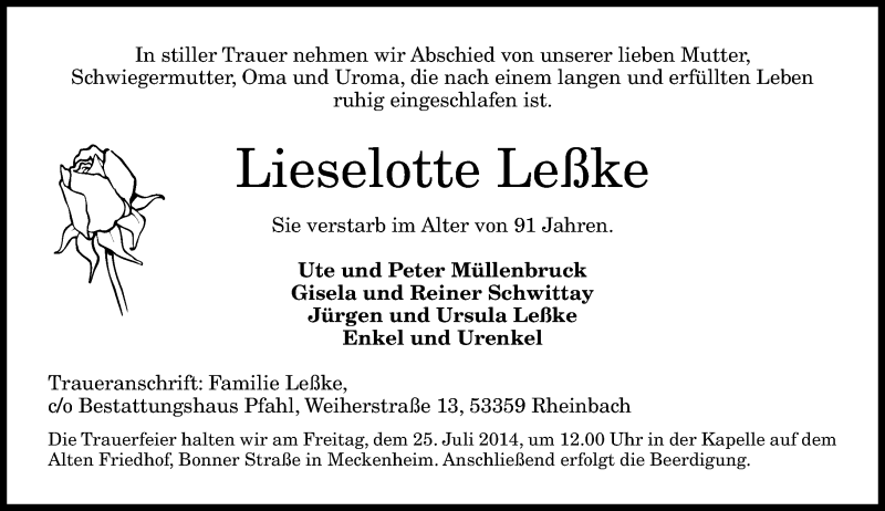  Traueranzeige für Lieselotte Leßke vom 23.07.2014 aus General-Anzeiger Bonn
