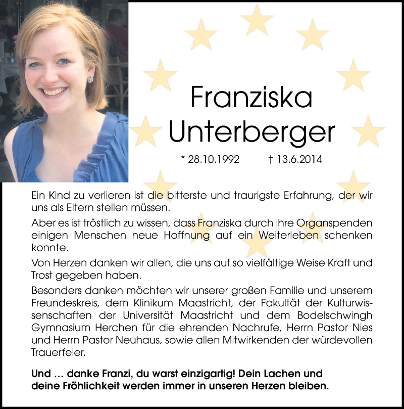  Traueranzeige für Franziska Unterberger vom 26.07.2014 aus General-Anzeiger Bonn