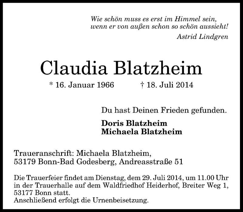  Traueranzeige für Claudia Blatzheim vom 26.07.2014 aus General-Anzeiger Bonn