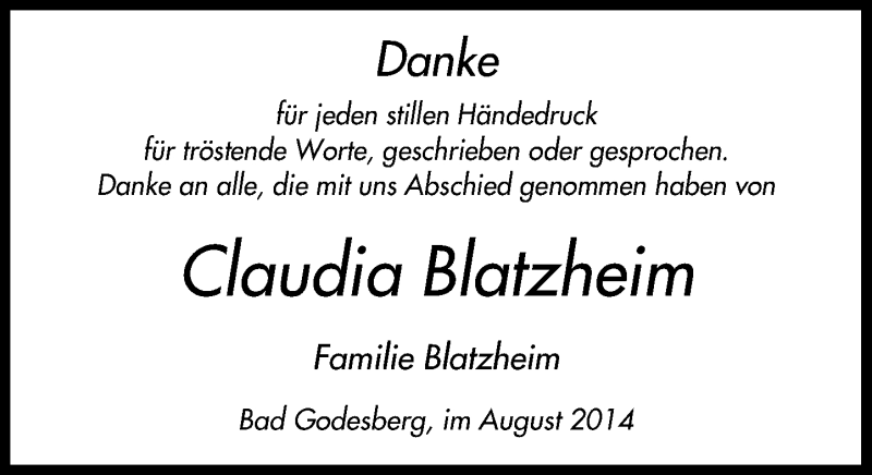  Traueranzeige für Claudia Blatzheim vom 09.08.2014 aus General-Anzeiger Bonn