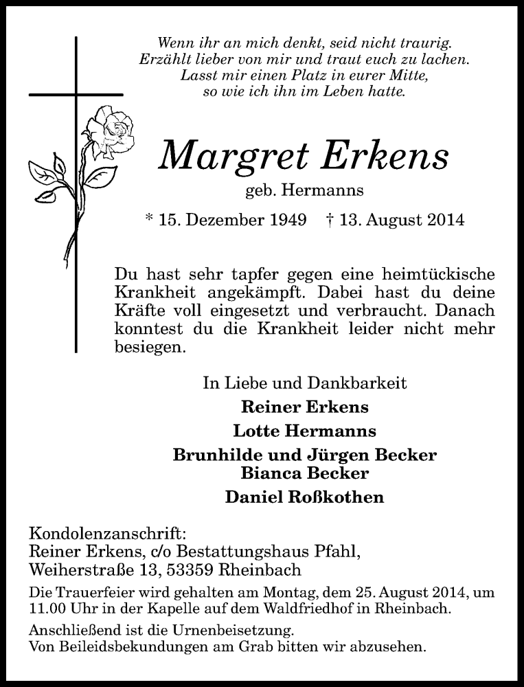  Traueranzeige für Margret Erkens vom 18.08.2014 aus General-Anzeiger Bonn