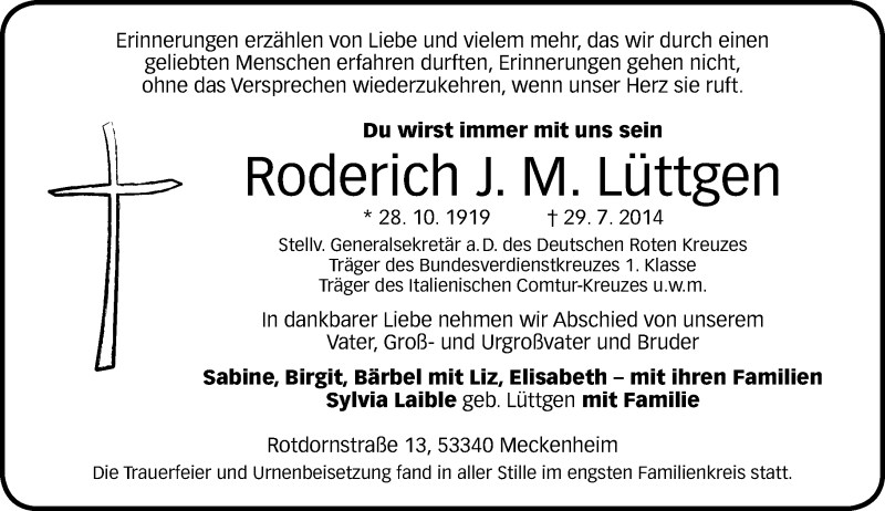  Traueranzeige für Roderich Lüttgen vom 16.08.2014 aus General-Anzeiger Bonn