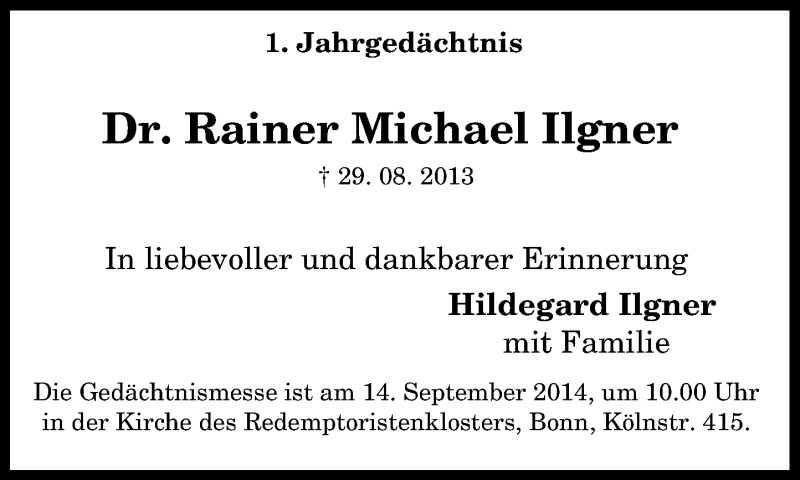  Traueranzeige für Rainer Michael Ilgner vom 30.08.2014 aus General-Anzeiger Bonn
